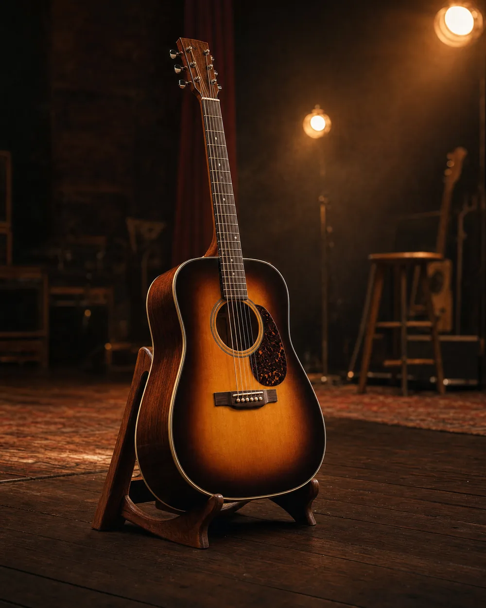 Sunburst akoestische western gitaar op een standaard op het podium