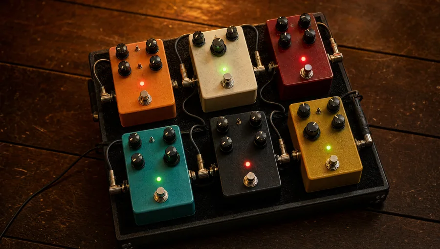 Pedalboard met kleurrijke effectpedalen (stompboxes) voor gitaar